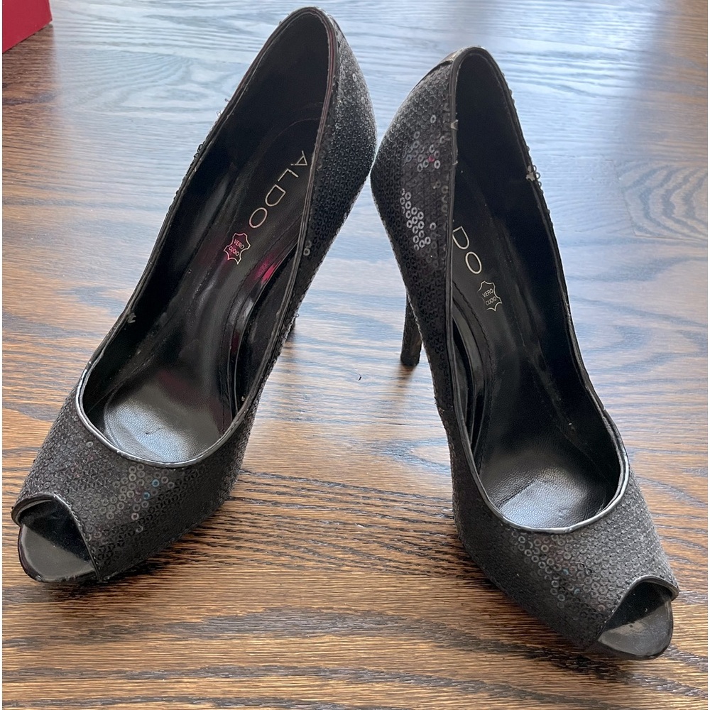 Aldo peep toe black sequin heels